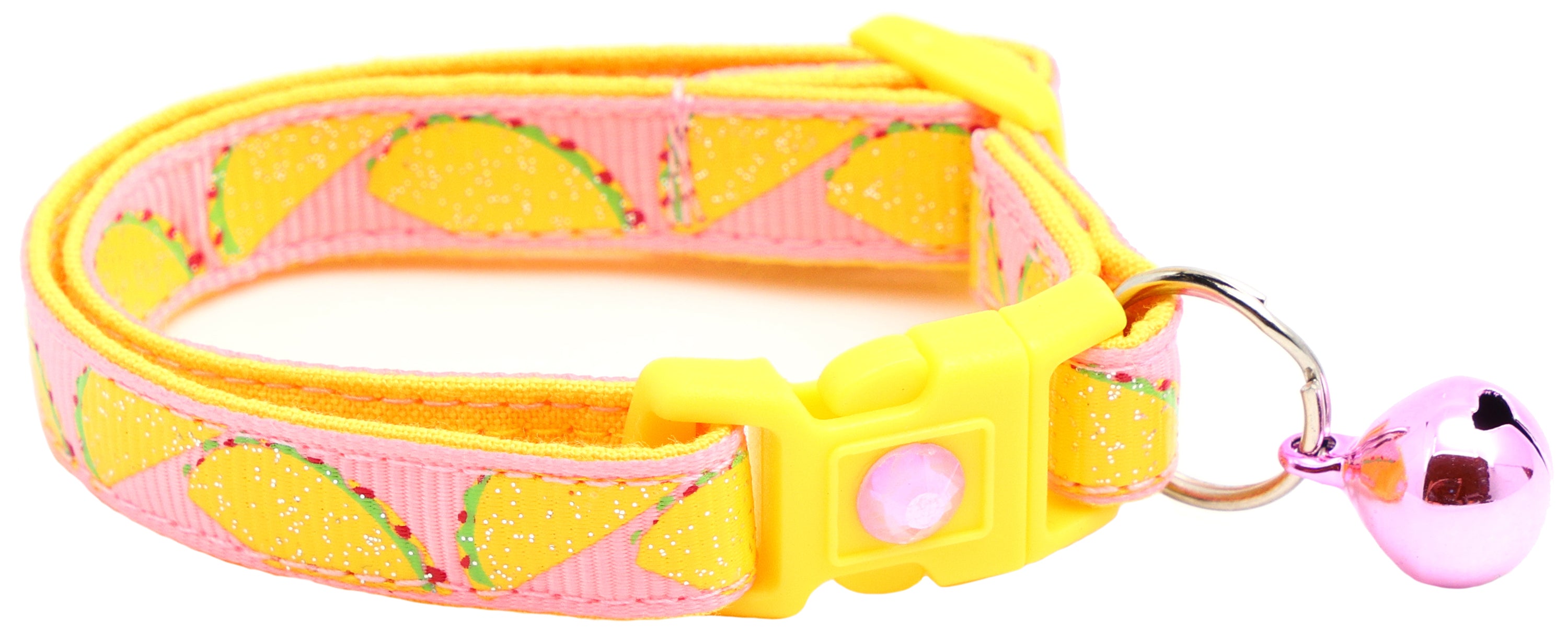 Handmade Taco Breakaway Cat Collar in reinforced cotton with breakaway clips and customizable features.